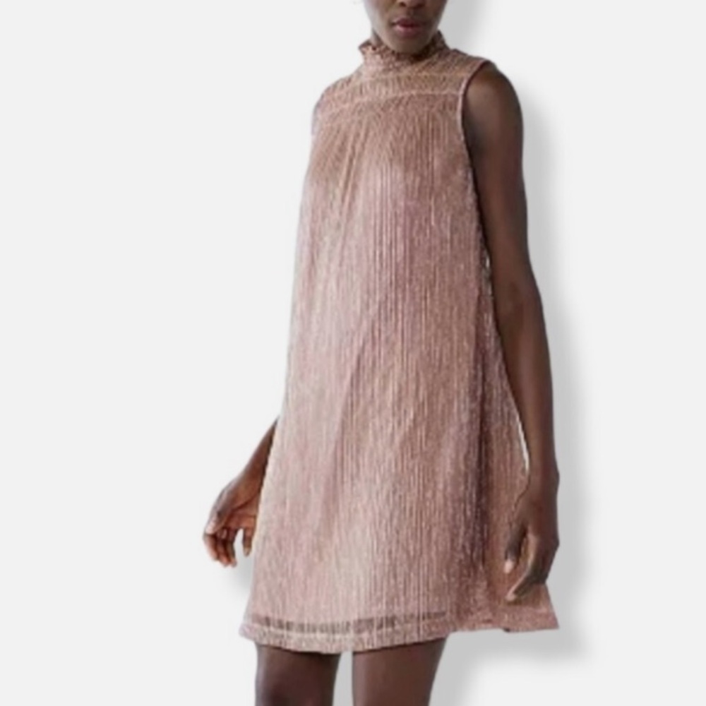 Nine West Rose Gold Metallic Mock Neck Sleeveless Smocked Yoki Dress XXL NWOT